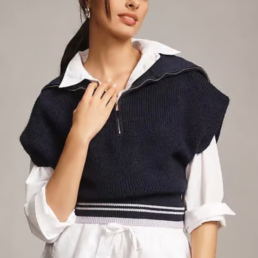 Maeve Anthropologie Vest Quarter-Zip Sweater Tee Women’s Small Petitie Navy